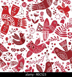 Vector christmas folk red birds seamless pattern. Stock Vector