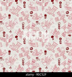 Vector christmas red folk birds seamless pattern. Stock Vector