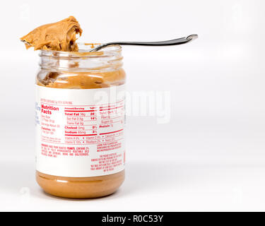 Peanut butter nutrition facts, ingredients and calories label on a jar ...