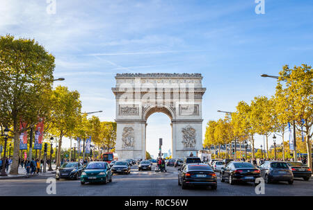 Paris, France - September 29, 2018: Pedestrian view on traffic road of Champs-Elysess to Arc de Triomphe, built to honour the victories of Napoleon Bo Stock Photo