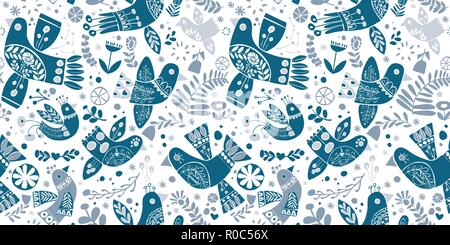 Vector folk christmas blue birds seamless pattern. Stock Vector