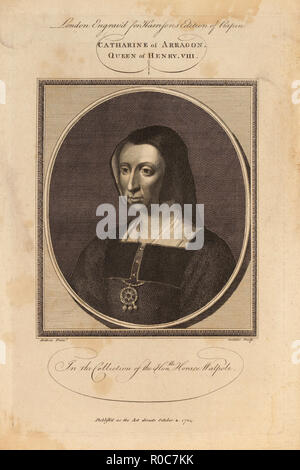 Catharine of Arragon (Catherine of Aragon), Queen of Kenry VIII, in the Collection of the Honorable Horace Walpole, Engraving, 1784 Stock Photo