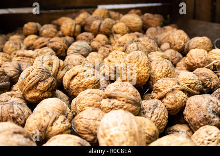 Basket of Walnuts on display in London's Borough Market Stock Photo