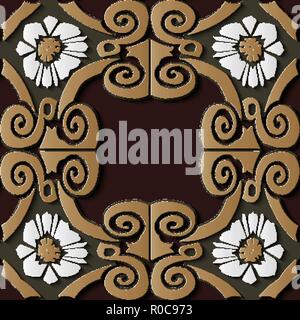 Seamless relief sculpture decoration retro pattern brown spiral cross frame vine flower. Ideal for greeting card or backdrop template design Stock Vector