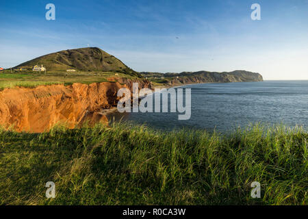 Looking along the cliffs of Cap Alright overlooking Anse Firmin on Havre aux Maisons, Magdalen Islands, Quebec, Canada. Stock Photo