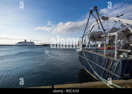 CTMA ferry departing the harbour of Cap-aux-Meules on Grindstone Island in the Magdalen Islands, Quebec, Canada. Stock Photo