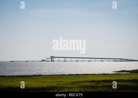 Canada Salt Company pier and conveyor system for loading salt on ships on the island of Old Harry in the Magdalen Islands, Quebec, Canada. Stock Photo