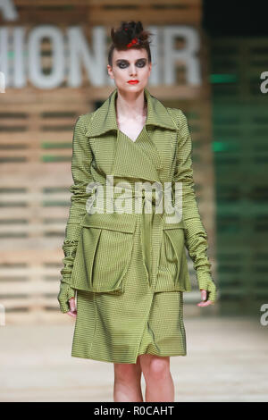 Zagreb, Croatia - October 27, 2018 : Fashion model wearing clothes for autumn-winter, designed by Zoran Aragovic on the Bipa Fashion.hr fashion show i Stock Photo