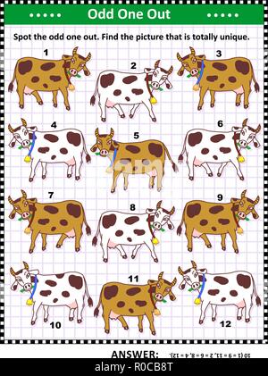 IQ training visual puzzle with milk cows on the pasture (suitable both for kids and adults): Spot the odd one out. Find the unique picture. Stock Vector