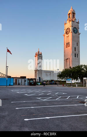 Montreal, Canada - June, 2018: Montreal clock tower (Quai de l'Horloge) located at the entrance of the old port in Montreal, Canada at sundown. Stock Photo