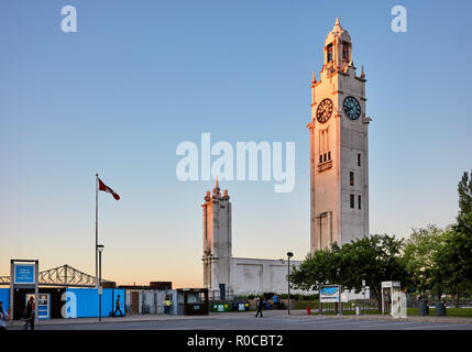 Montreal, Canada - June, 2018: Montreal clock tower (Quai de l'Horloge) located at the entrance of the old port in Montreal, Canada at sundown. Stock Photo