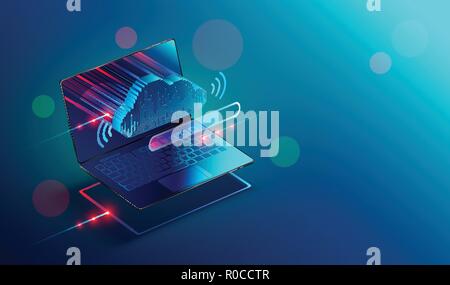 Isometric laptop or notebook with icon or symbol of cloud technology. Progress upload and download data information in cloud storage of corporation network and sharing of data . Conceptual banner. Stock Vector