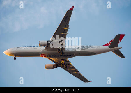 Turkish Airlines Airbus A330-300 aircraft in sky over Istanbul, Turkey Stock Photo