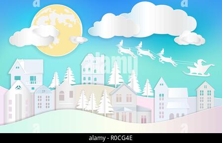 Christmas background, santa clause on sleigh with reindeer flying on blue sky over home and tree with yellow full moon and cloud. paper art design vec Stock Vector