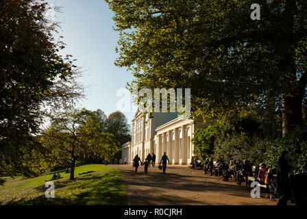 The beautiful Robert Adams facade of Kenwood House on a sunny late afternoon in autumn. Kenwood House, Hampstead, London UK.