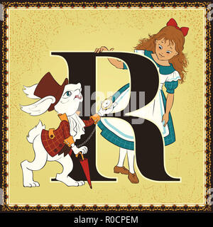 Children book cartoon fairytale alphabet. Letter R. Alice and White Rabbit. Alices Adventures in Wonderland by Lewis Carroll
