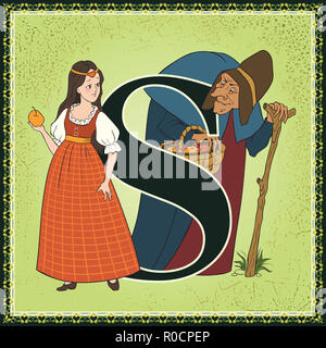 Children book cartoon fairytale alphabet. Letter S. Snow White and the Seven Dwarfs by The Brothers Grimm Stock Photo