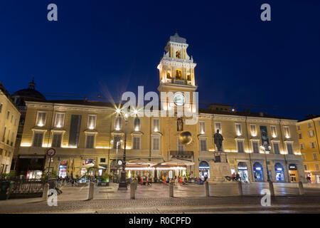 PARMA, ITALY - APRIL 18, 2018: The palace Palazzo del Governatore -  Governor's palace at Piazza Garibaldi at dusk. Stock Photo