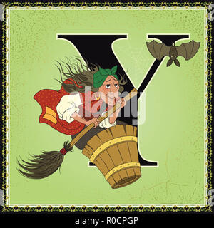 Children book cartoon fairytale alphabet. Letter Y. Baba Yaga from Russian Folk Fairy Tales Stock Photo