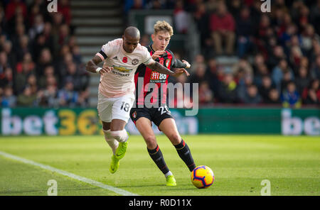 Bournemouth, UK. 03rd Nov, 2018. Ashley Young of Man Utd and David Brooks of Bournemouth during the Premier League match between Bournemouth and Manchester United at the Goldsands Stadium, Bournemouth, England on 3 November 2018. Photo by Andy Rowland. (Photograph May Only Be Used For Newspaper And/Or Magazine Editorial Purposes. www.football-dataco.com) Credit: Andrew Rowland/Alamy Live News Stock Photo