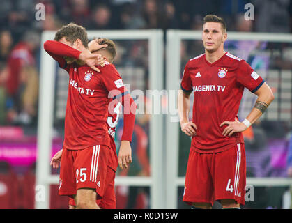 Munich, Germany. 3rd November, 2018. FC Bayern Soccer, November 03, 2018 Thomas MUELLER, MÜLLER, FCB 25 Joshua KIMMICH, FCB 32 Niklas SUELE, FCB 4 sad, disappointed, angry, Emotions, disappointment, frustration, frustrated, sadness, desperate, despair,  FC BAYERN MUNICH - SC FREIBURG 1-1  - DFL REGULATIONS PROHIBIT ANY USE OF PHOTOGRAPHS as IMAGE SEQUENCES and/or QUASI-VIDEO -  1.German Soccer League , Munich, November 03, 2018  Season 2018/2019, matchday 10, FCB © Peter Schatz / Alamy Live News Stock Photo