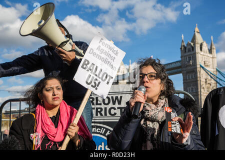 London, UK. 3rd November, 2018. Tanya Murat, Chair of Southwark Defend Council Housing, addresses campaigners for social housing, including residents of some of the eighty estates around London currently facing demolition, protesting outside City Hall to demand safe and secure homes for all, a ballot for all estates, more social housing and for public land to be used to build more council homes. Credit: Mark Kerrison/Alamy Live News Stock Photo