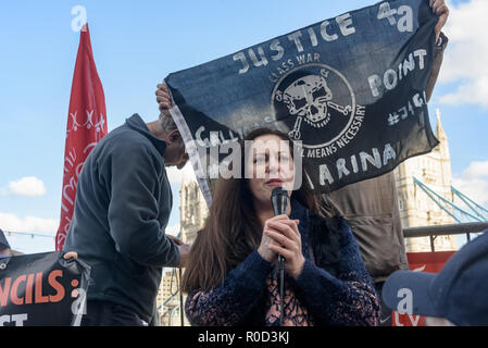 London, UK. 3rd November 2018. Class War supporters came to the 'No Demolitions Without Permission' housing protest at City Hall with banners declaring that Labour Councils were the biggest social cleansers in London and 'Labour, Labour Home Snatchers! Even Worse Than Maggie Thatcher', pointing out that it was largely Labour councils who were demolishing council estates so that developers could replace council houses with large numbers of properties sold at high market prices and a miserably small number of homes at social rent, promoting schemes which cut by thousands the number of council ho Stock Photo