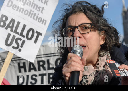 London, UK. 3rd November 2018. Tanya Murat, Chair of Southwark Defend Council Housing speaking. Several hundred people, mainly from London's council estates under threat of demolition by Labour London councils came to a protest outside City Hall called by 'Axe the Housing Act'. The protest called for an end to estate demolitions unless  approved by a ballot of all residents, and for public land to be used to build more council homes rather than being turned over to developers to make huge profits from high-priced flats. Speaker after speaker from estate after estate got up and spoke about the  Stock Photo