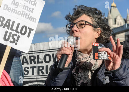 London, UK. 3rd November 2018. Tanya Murat, Chair of Southwark Defend Council Housing speaking. Several hundred people, mainly from London's council estates under threat of demolition by Labour London councils came to a protest outside City Hall called by 'Axe the Housing Act'. The protest called for an end to estate demolitions unless  approved by a ballot of all residents, and for public land to be used to build more council homes rather than being turned over to developers to make huge profits from high-priced flats. Speaker after speaker from estate after estate got up and spoke about the  Stock Photo