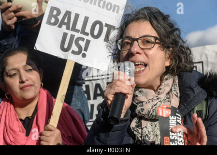 London, UK. 3rd November 2018. Tanya Murat, Chair of Southwark Defend Council Housing speaking. Several hundred people, mainly from London's council estates under threat of demolition by Labour London councils came to a protest outside City Hall called by 'Axe the Housing Act'. The protest called for an end to estate demolitions unless  approved by a ballot of all residents, and for public land to be used to build more council homes rather than being turned over to developers to make huge profits from high-priced flats. Speaker after speaker from estate after estate got up and spoke about the  Stock Photo