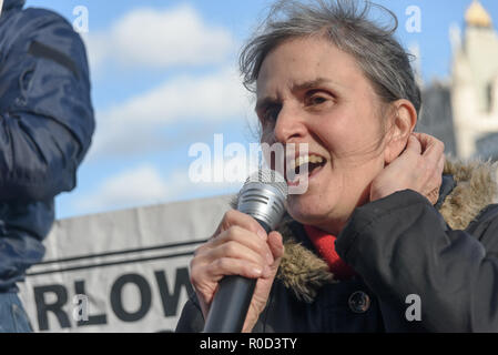 London, UK. 3rd November 2018. A woman talks about the fight to save council homes on the Aylesbury Estate in Southwark. Several hundred people, mainly from London's council estates under threat of demolition by Labour London councils came to a protest outside City Hall called by 'Axe the Housing Act'. The protest called for an end to estate demolitions unless  approved by a ballot of all residents, and for public land to be used to build more council homes rather than being turned over to developers to make huge profits from high-priced flats. Speaker after speaker from estate after estate go Stock Photo