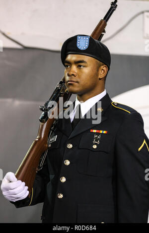 Las Vegas, NV, USA. 3rd Nov, 2018. PV2 Marquis Morse prepares for the presentation of the colors prior to the start of the NCAA football game featuring the Fresno State Bulldogs and the UNLV Rebels at Sam Boyd Stadium in Las Vegas, NV. Christopher Trim/CSM/Alamy Live News Stock Photo
