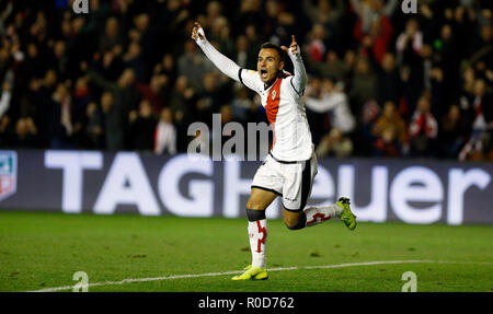 Alvaro Garcia (Rayo Vallecano) celebrates after scoring a goal during the La Liga match between Rayo Vallecano and FC Barcelona at Estadio Vallecas in Madrid. (Final Score Rayo Vallecano 2 - 3 FC Barcelona) Stock Photo