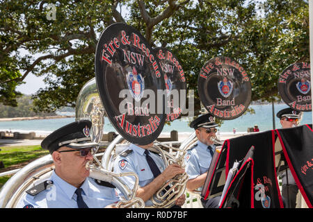 Sydney, Australia. 4th November, 2018. Balmoral Beach, NSW Fire and Rescue Band and Marching team perform at the rotunda in Balmoral Reserve, on Sunday 4th November 2018, Balmoral beach Sydney,Australia Credit: martin berry/Alamy Live News Stock Photo