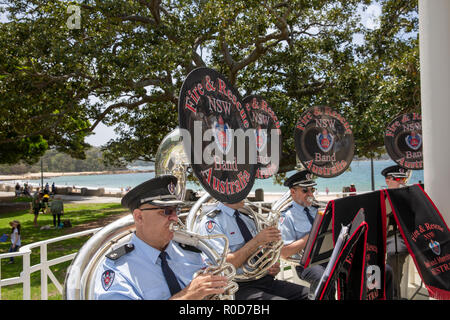 Sydney, Australia. 4th November, 2018. Balmoral Beach, NSW Fire and Rescue Band and Marching team perform at the rotunda in Balmoral Reserve, on Sunday 4th November 2018, Balmoral beach Sydney,Australia Credit: martin berry/Alamy Live News Stock Photo