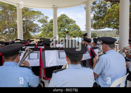 Sydney, Australia. 4th November, 2018. Balmoral Beach, NSW Fire and Rescue Band and Marching team perform at the rotunda in Balmoral Reserve, on Sunday 4th November 2018, Sydney,Australia Credit: martin berry/Alamy Live News Stock Photo