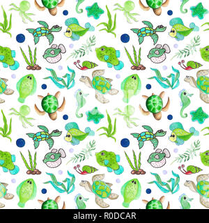 Raster seamless pattern painted by watercolor sea creatures on a background Stock Photo