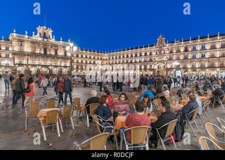 Cafes in the Plaza Mayor at night, Salamanca, Castilla y Leon, Spain Stock Photo