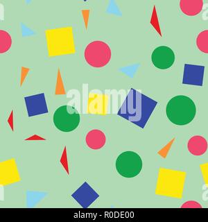 Vector illustration of a seamless pattern of colorful simple shapes - squares, triangles, circles on a light green background. Stock Vector