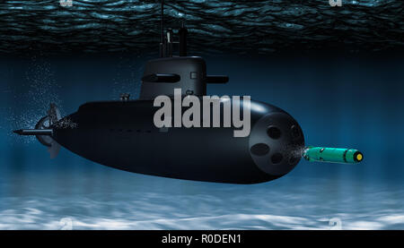 Submarine with torpedo underwater, 3D rendering Stock Photo