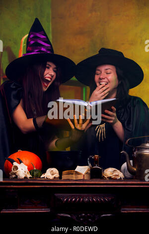 Picture of laughing two witches brunettes in black hats reading book of incantations Stock Photo