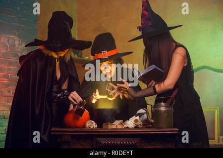 Portrait of three witches with book of boiling potions in cauldron Stock Photo