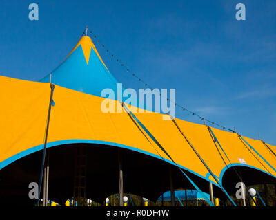 Roof part of a blue and yellow circus tent Stock Photo