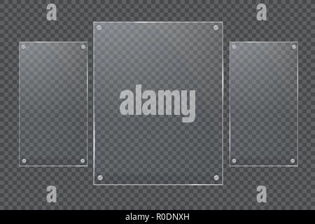 Glass plates are installed. Vector glass banners on a transparent background. Glass. Glass paintings. Color frames. Stock Vector