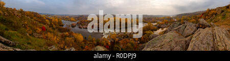autumn yellow leaves panorama small river Southern Bug stones rocks Stock Photo
