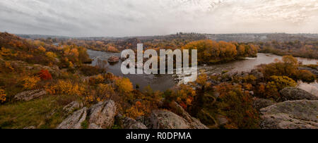 autumn yellow leaves panorama small river Southern Bug stones rocks Stock Photo