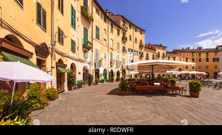 The Famous Oval City Square on a Sunny Day in Lucca, Tuscany, Italy Stock Photo