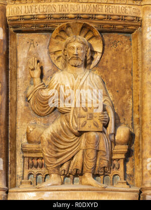 MODENA, ITALY - APRIL 14, 2018: The relief Jesus the Teacher in Duomo by Anselmo da Campione (1165-1225). Stock Photo