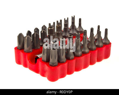 set of bits for screwdriver in red box isolated on white background Stock Photo