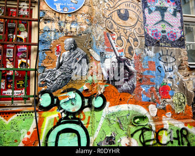 The Artistic courtyards in the Hackesche Hofe with its everchanging Graffitti Art on the buildings in Berlin attracts 1000's of visitors in Berlin Stock Photo